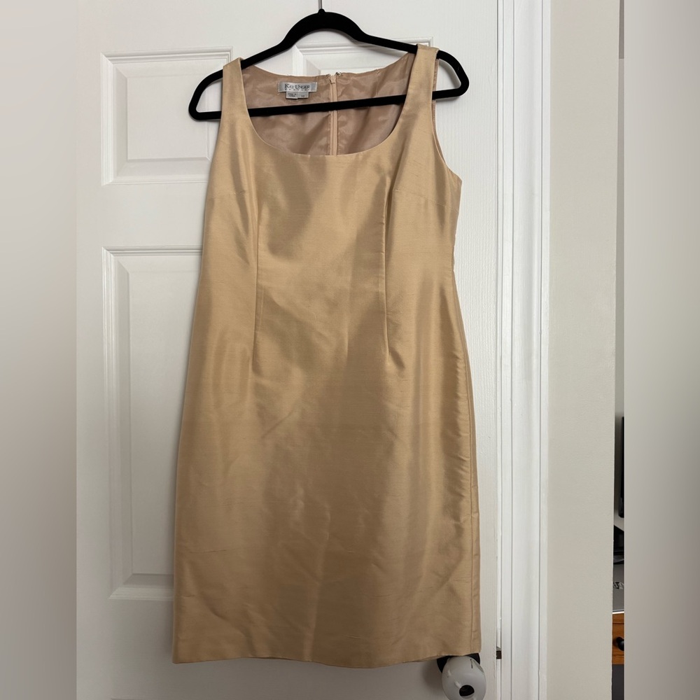 Kay Unger Silk Beige Sleeveless Midi Dress